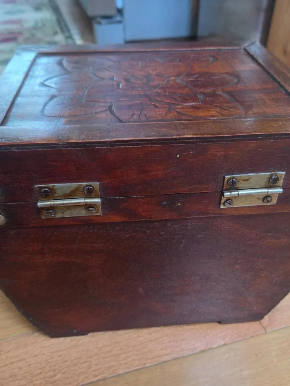 vintage decorative wooden storage chest brass metal brackets and studs